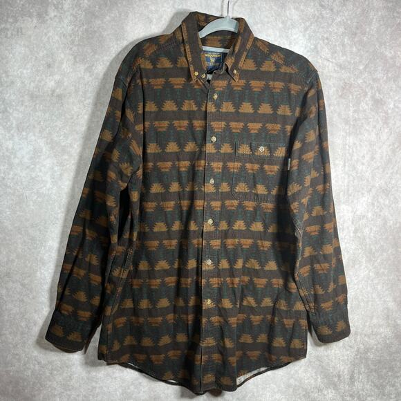 Woolrich Shirt Mens Large Brown Aztec Southwestern Flannel‎ Button Long Sleeves - Picture 1 of 9
